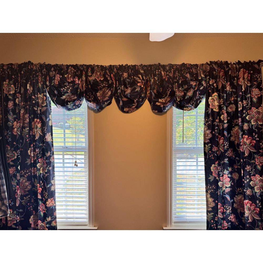 Vintage Navy Blue Floral Chintz 9 Piece‎ Curtain & Balloon Valance Set Lined 80s - Picture 7 of 12